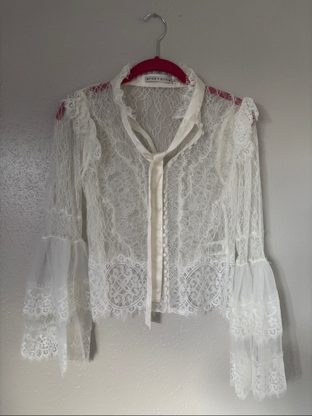 Alice + Olivia Sheer Ivory Lace Tie-Neck Blouse